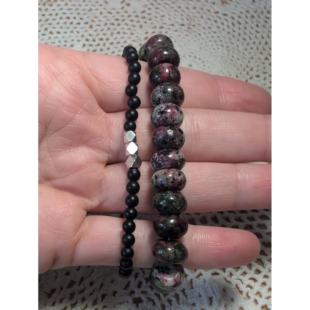 Handmade Stretch Bracelet Set, Black Spotted Quartz And Black Onyx